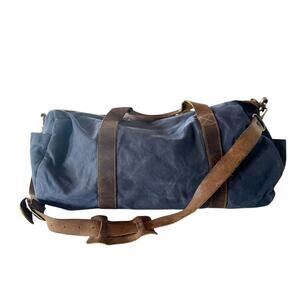 Gustin Navy Blue Waxed Canvas Duffle Bag Leather Handles Overnight Bag Travel